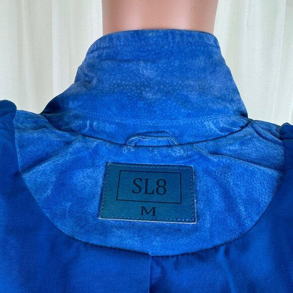 Women's SL8 Genuine Suede Asymmetric Zipper Accent Crop Moto Jacket Blue Size MD - Picture 6 of 17